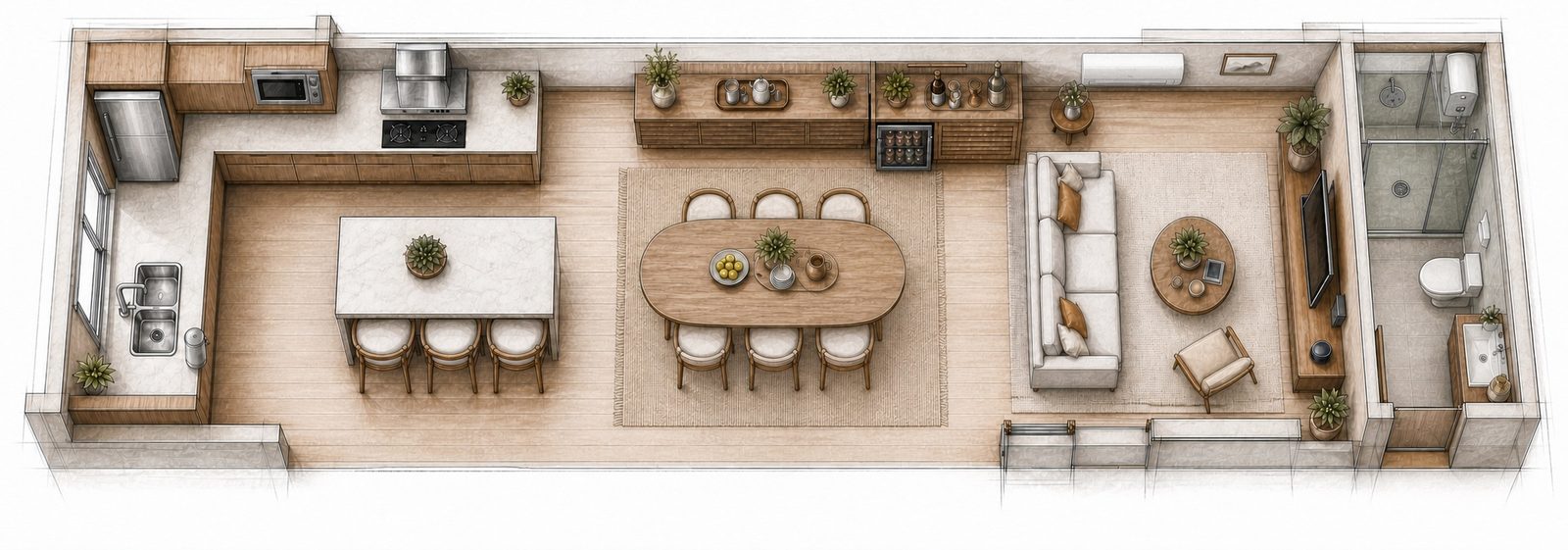 Planta de um apartamento vista de cima: cozinha em L com geladeira, micro-ondas, coifa, cooktop, pia e purificador, e ilha com banquetas; sala de jantar com mesa oval e buffet com adega; sala de estar com sofá, ar-condicionado, TV e assistente virtual; banheiro com ducha, box e aquecedor.